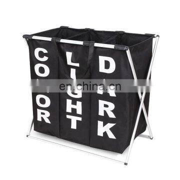 New design Large Foldable Triple Oxford Dirty Clothes Laundry Basket Hamper Tote Bag With Three Sections