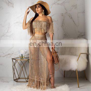 Summer Crochet Dress Beach Wear 2 Piece Crop Top And Skirt Set For Women Long Sleeve Tassels Slash Neck Two Piece Knit Sets photo-2