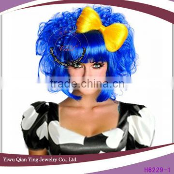 Synthetic blue costume party synthetic hair wig with bow