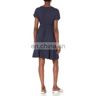 Manufacturers Wholesale Women's Solid Surplice Dress Summer Casual Short Sleeve V-Neck Short Party Dress photo-2