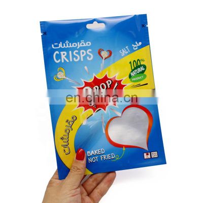 Custom shape window food packing bag with hanging hole and tear notch