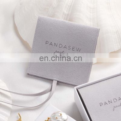 PandaSew Gray Deboss Print Elegant Design Ribbon Flap Suede Microfiber Packaging Bag Jewelry Pouch