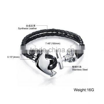Cheap stainless steel skull boat anchor double braided leather bracelet punk rock style