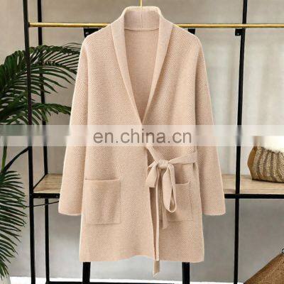 Luxury 100% Knitted Mid-Length Coat for Ladies Thick Cashmere Cardigan With Belt photo-6