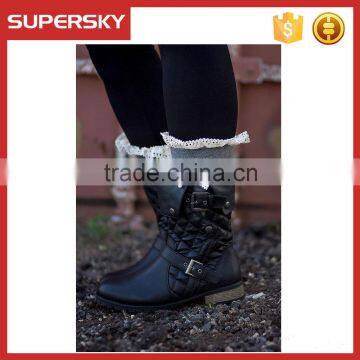 C04-3 Women Nice Color Light Grey Boot Socks with Lace Bow Knee high Lace trimmed Boot Socks Button Open knit