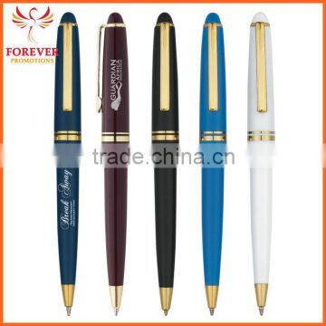 Cheap Custom Logo Metal Cap Action Blue Ink Ballpoint Pen With Gold Accents On Cap