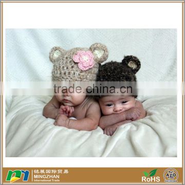 Two Baby Bear Knit Hat Made with Soft Mohair Blend Yarn and Flower Clip