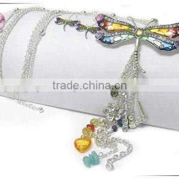 Crystal and enamel art work dragonfly and mixed beads tassel drop long necklace earring