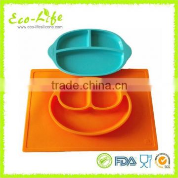 2pcs set 499G+255G BPA Free Food Grade Silicone Smile Baby Divided Bowl Plate, Children Dinner Plates