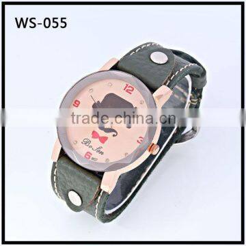 Mustache Womens 3 Hand Girl's Analog Beard Quartz Wrist Watch PU Leather