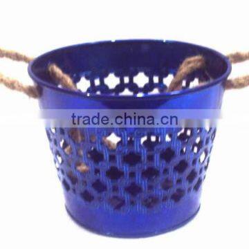Blue Color Galvanized Metal Planter Pot With Jute Handle for Garden & Home photo-5