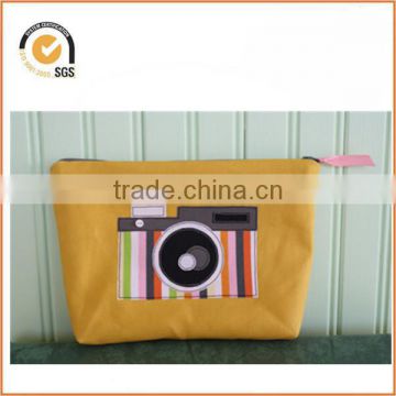 Vintage Camera Applique Zipper Pouch/Makeup Bag: Yellow Canvas with Colorful Stripe Fabric By Chiqun Dongguan CQ-H01095