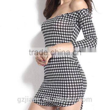 2015 Autumn Women Sexy Bodycon Dress Plaid Mini Party Dress Houndstooth Print Off Shoulder Side Slit Sexy Club Dress