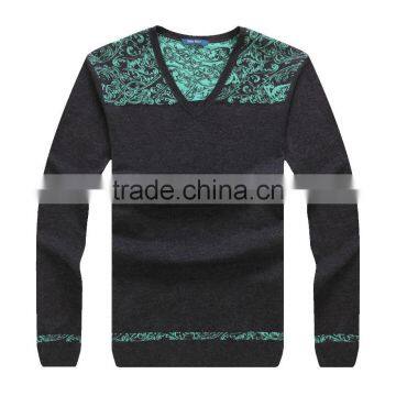 Grey/Blue mens V-neck wool knitwear with digital print, 60/2