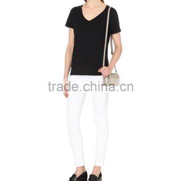 Wholesale Women Black Short Sleeve V-neck Marl Finish Cotton Jersey T-shirt(DQE0157T) photo-2
