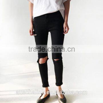 european style lady street trendy bulk wholesale black ripped jeans