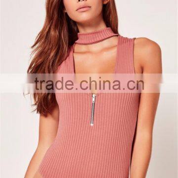Pink Cut Out Mock Neck Zipper Infront Sleeveless Bodysuit Cotton Blends Sexy Scoop Neck Sweater photo-5