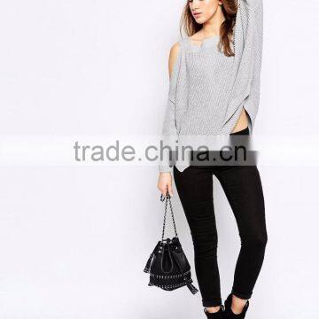 Sweater With Cold Shoulder And Side Splits For Women Light Weight Ladies Custom Gray Knitted Sweaters Loose photo-5