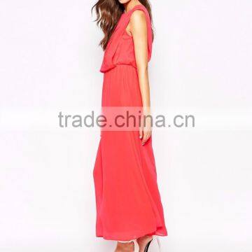 100% Polyester Pleated Details Maxi Dress Lady Chiffon Maxi Dresses