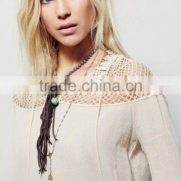 2016 Guangzhou Shandao Manufacturer New Fancy Women Autumn Long Sleeve Net Shoulder White Cotton Plain Blouse Designs photo-4