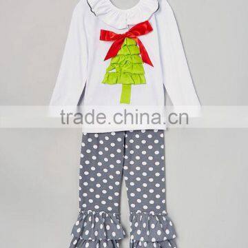 popular design ruffle christmas trees embroidery wholesale christmas clothes sets