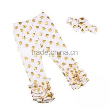 2017 latest Design spring white gold dot icing triple ruffle pant baby girls icing pant