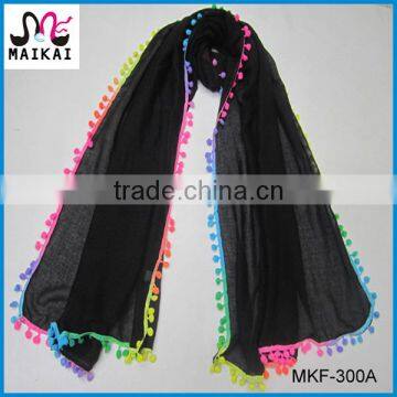 Turkey hot selling lady's fashion long plain color scarf with rainbow ball