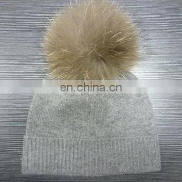 7gg plain knit pure cashmere beanie with fur pompom supplier