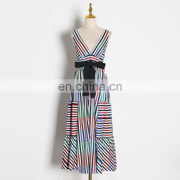 TWOTWINSTYLE Patchwork Striped Irregular Dress Female V Neck Spaghetti Strap High Waist Lace Up Bow