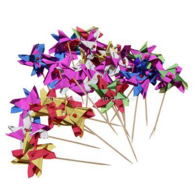OEM Lot of Colorful Foil Windmill Fruit Sticks Food Sticks Cupcake Decoration