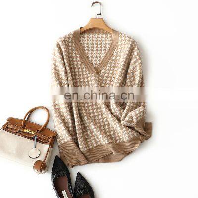 Women New Fashion Thick Plaid Veck Cashmere Knit Sweater