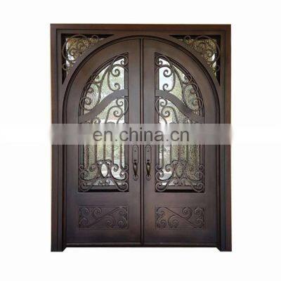 Residential used main entrance double swing insulated glass corrosion resistant strong structure metal frame wrought iron doors