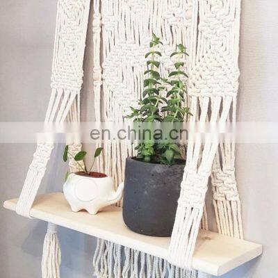 Hot Sold Macrame Wall Hanging Plant Hanger Woven Wooden Plant Pot Holder Indoor Outdoor Macrame Shelf
