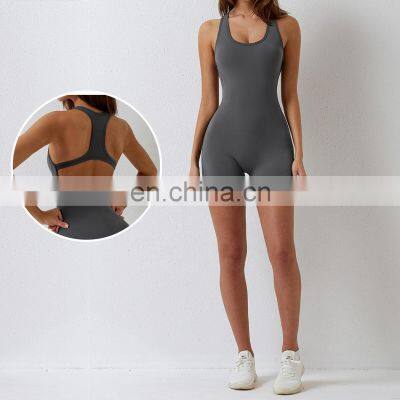 Backless One Piece Workout Jumpsuit Women Sexy U Neck Onesie Quick Dry Rompers Shorts Sets