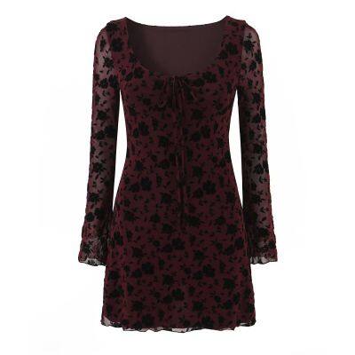2025 New Fashionable Elegant Women's Long Sleeve Ultra-Low Neck Hollow-Out Mini Dress