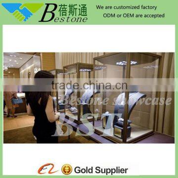 Quality COPPER plating metal display cabinet with glass doors for jewelry