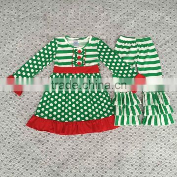 Wholesale price children boutique ruffle clothing sets persnickety remake grenn stripe long sleeve clothing