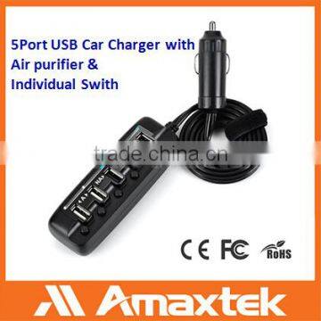 Amaxtek Handheld Design 5 Port USB Car Charger with Cable & Individual Switch & LED Light