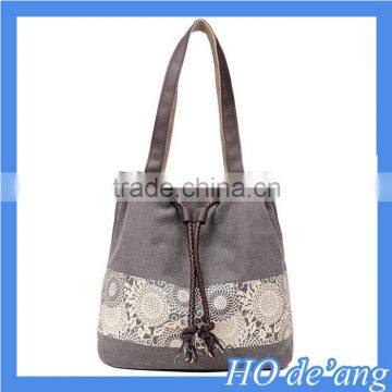 Hogift Drawstring Cord Lace Bucket Cross Body Handbag Canvas Tote Bag