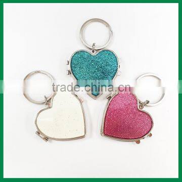 Heart Shape With Glitter Powder Iron Compact Mirror Key Chain