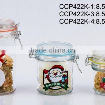 CCP422 glass storage jar with printing with metal clip