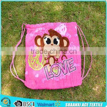 Girl favorite pink color monkey image printed coton surf beach towel in towel bag