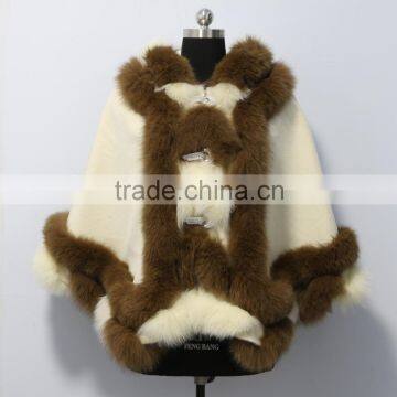 Posh Design fox Fur Trimmed Imitated Cashmere Cape Poncho Pushmina Like Shawl With Fur Trim