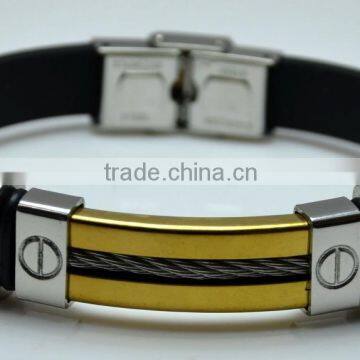 High Quality Black Leather Bands Gold Plated Cuff Steel Wrap Single Steel Wire Side Carved Negative Electrode Mens Bracelets