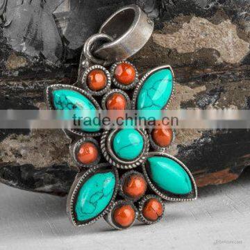 falak gems Red Coral Pendant, turqouise Silver Floral Pendant Red Gemstone Pendant