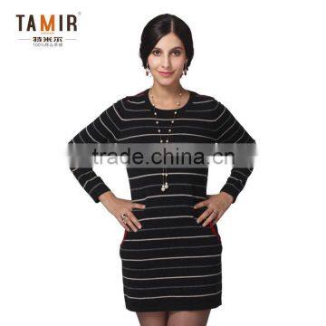 Fashion Woman Knitted Cashmere Stripe Dress, High Quality Handmade Knitted Dress