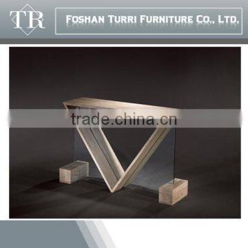 Unique Design white travertine triangle glass console table