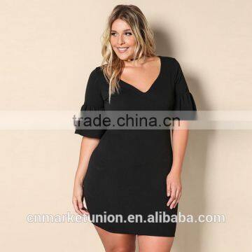 2017 Hot Sale Deep V-neck Elbow Sleeve Black Dress for Fat Women photo-2