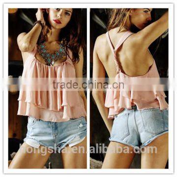 Summer Blush Pink Short Layer Ruffle Flared Tank Top Outfits HST2142