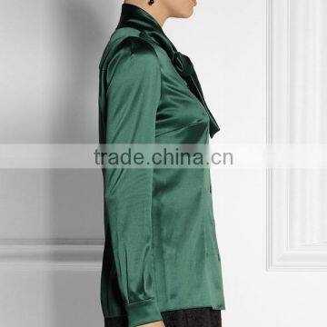 New High Quality Lady Simple Long Sleeve Green Satin Pussy Bow Blouse photo-3